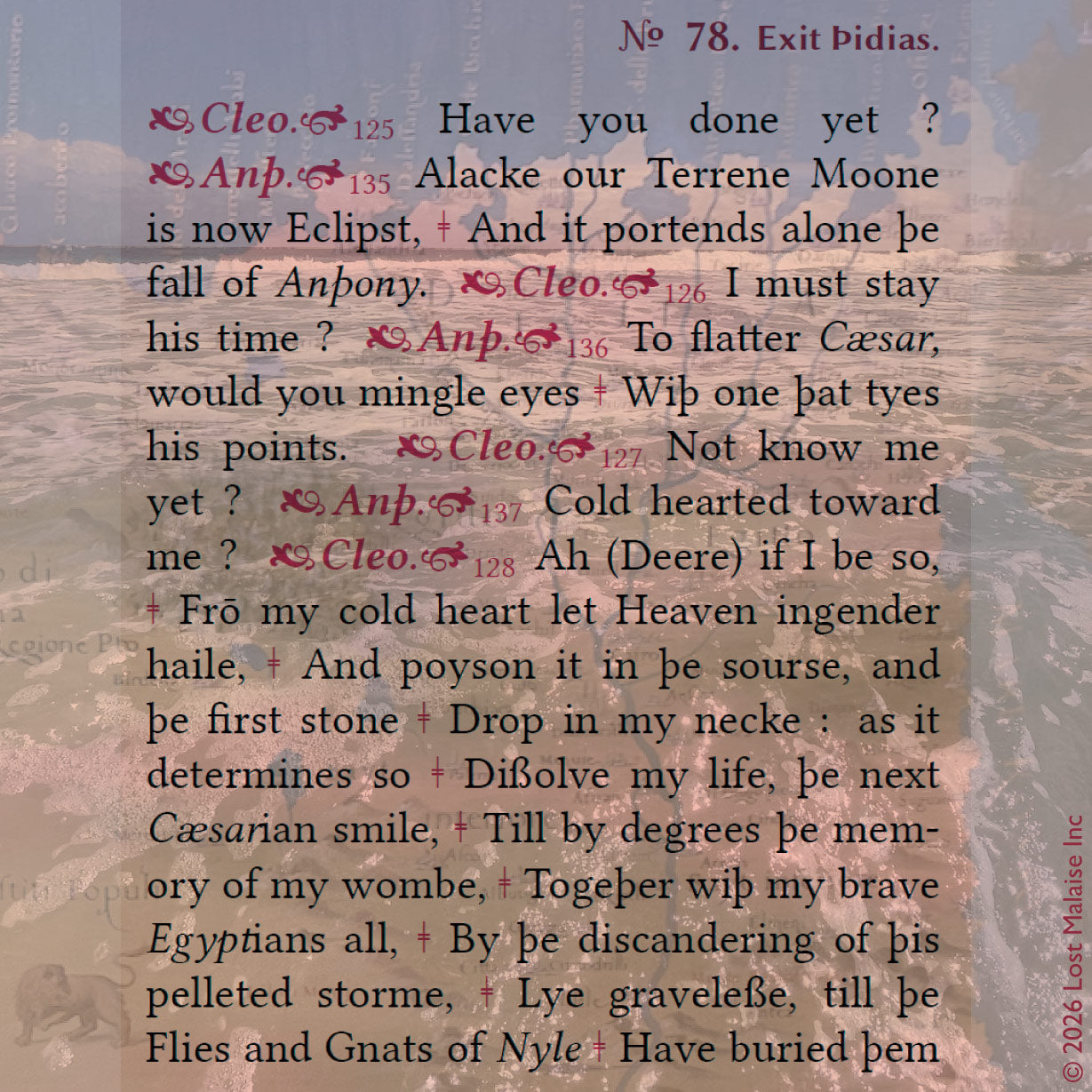 Cover artwork for Antony and Cleopatra in the Fifth Folio edition featuring layered colored folio typography superimposed against filtered images of ocean surf surrounding the photographer and a Renaissance Italian map of Egypt.