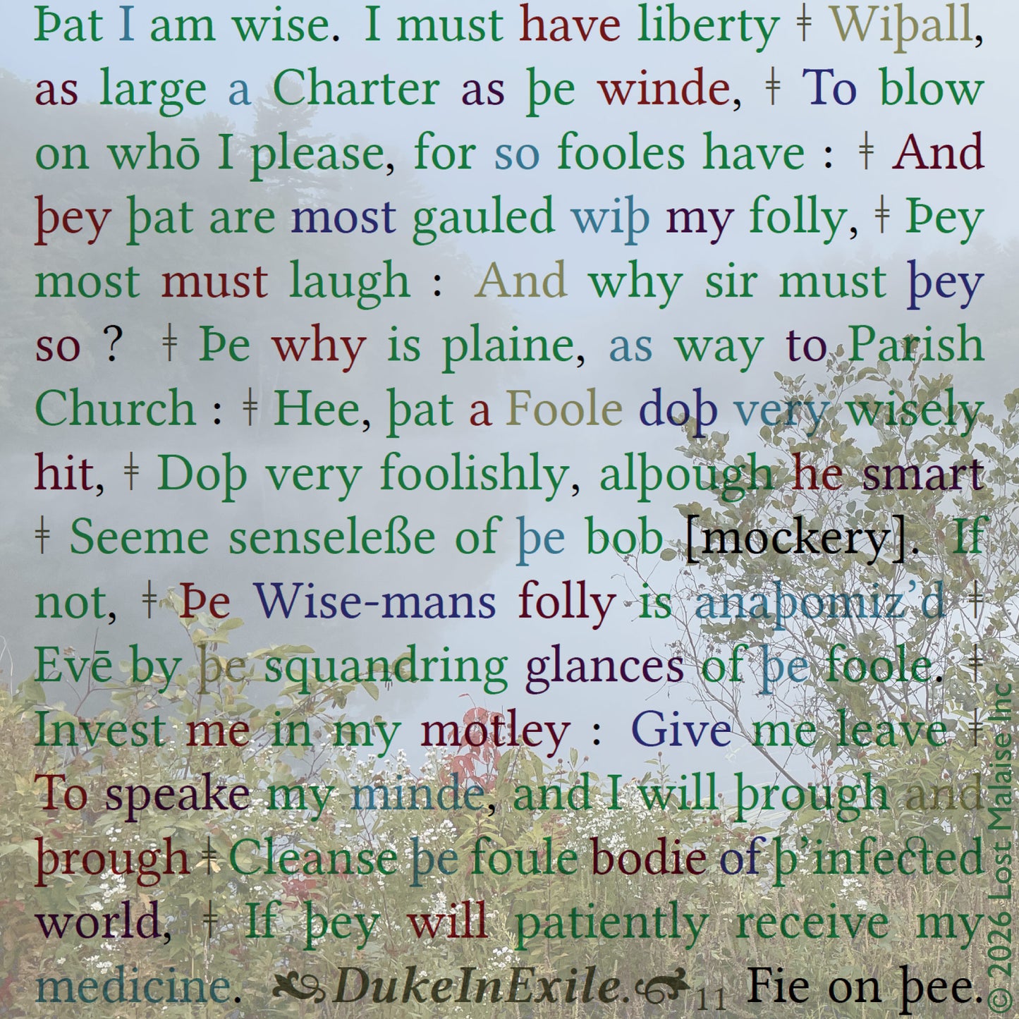 Cover artwork for As You Like It in the Fifth Folio edition featuring layered colored folio typography superimposed against a mist-covered Readfield, Maine pond.