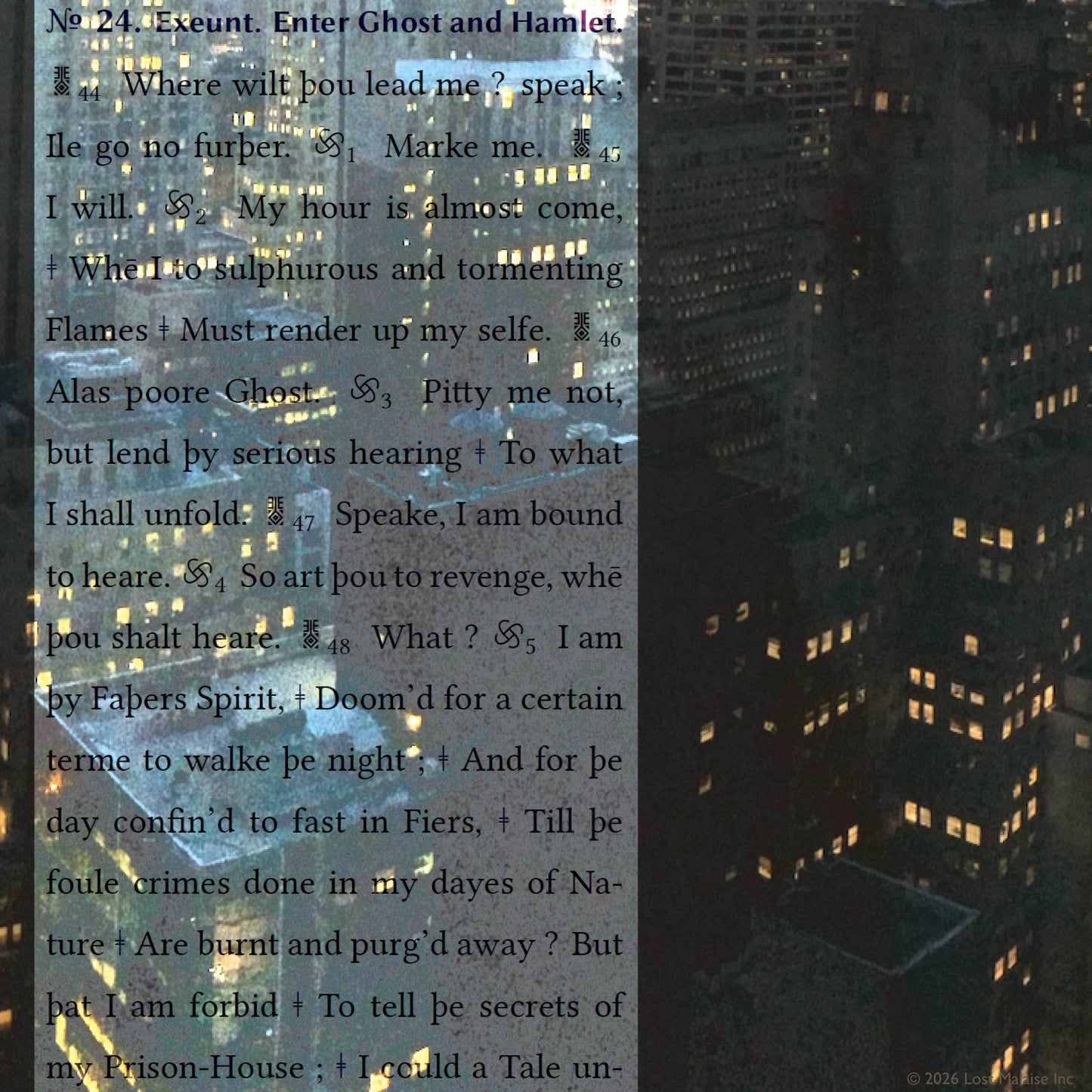 Cover artwork for Hamlet, Prince of Denmarke in the Fifth Folio edition featuring layered folio typography from the Ghost scene superimposed against a nocturnal cityscape of Midtown Manhattan viewed from above.