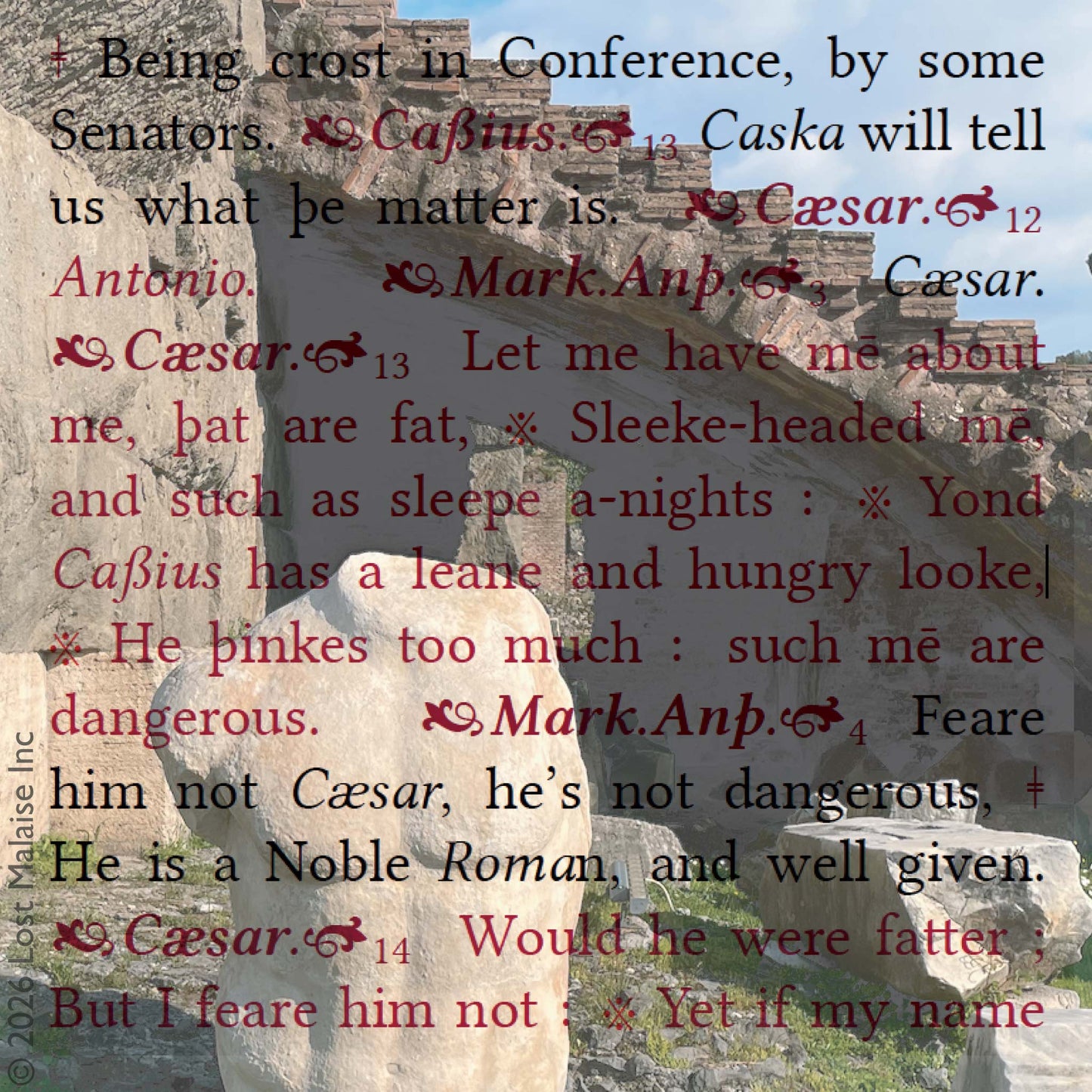 Cover artwork for Julius Caesar in the Fifth Folio edition featuring layered folio typography set among weathered relics and stone fragments in the Roman Forum.