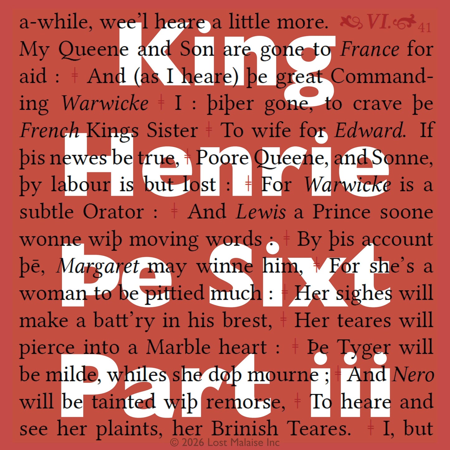 Cover artwork for King Henry VI, Part 3 in the Fifth Folio edition featuring layered folio typography superimposed against densely overprinted passages from the play in deep red tones.