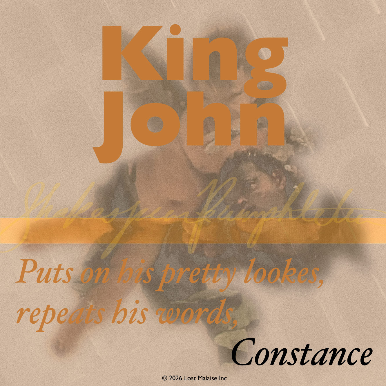 Cover artwork for King John in the Fifth Folio edition featuring Italian architectural arch motifs, cherubic Renaissance figures suspended in clouded light, and a quotation from Constance presented in a theatrical poster style.