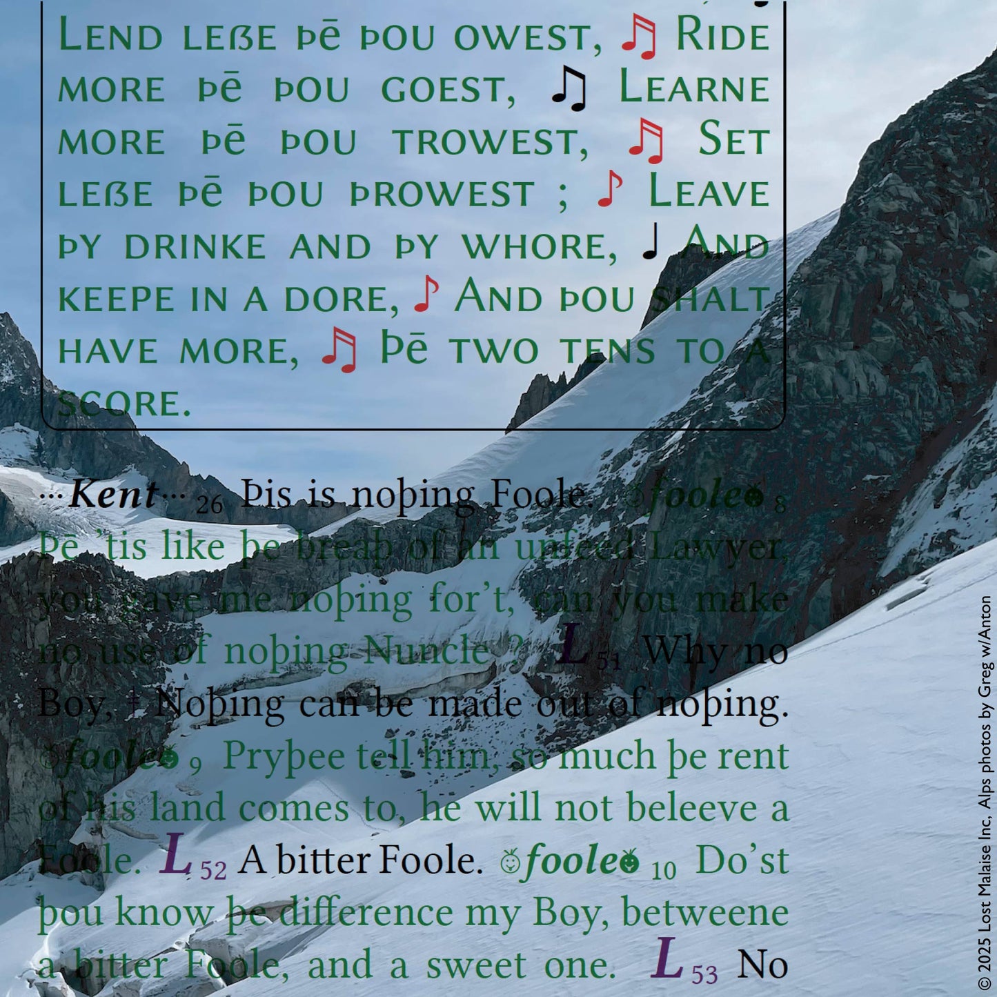 Cover artwork for King Lear in the Fifth Folio edition featuring folio typography set against a photograph from Mont Blanc in the Alps.