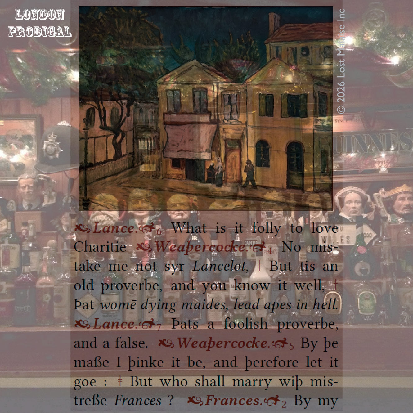 Cover artwork for the apocryphal play The London Prodigal in the Fifth Folio edition featuring layered Shakespearean typography superimposed on scenes from a British pub, including a painting by Antoun Bittar inspired by Van Gogh’s Yellow House.