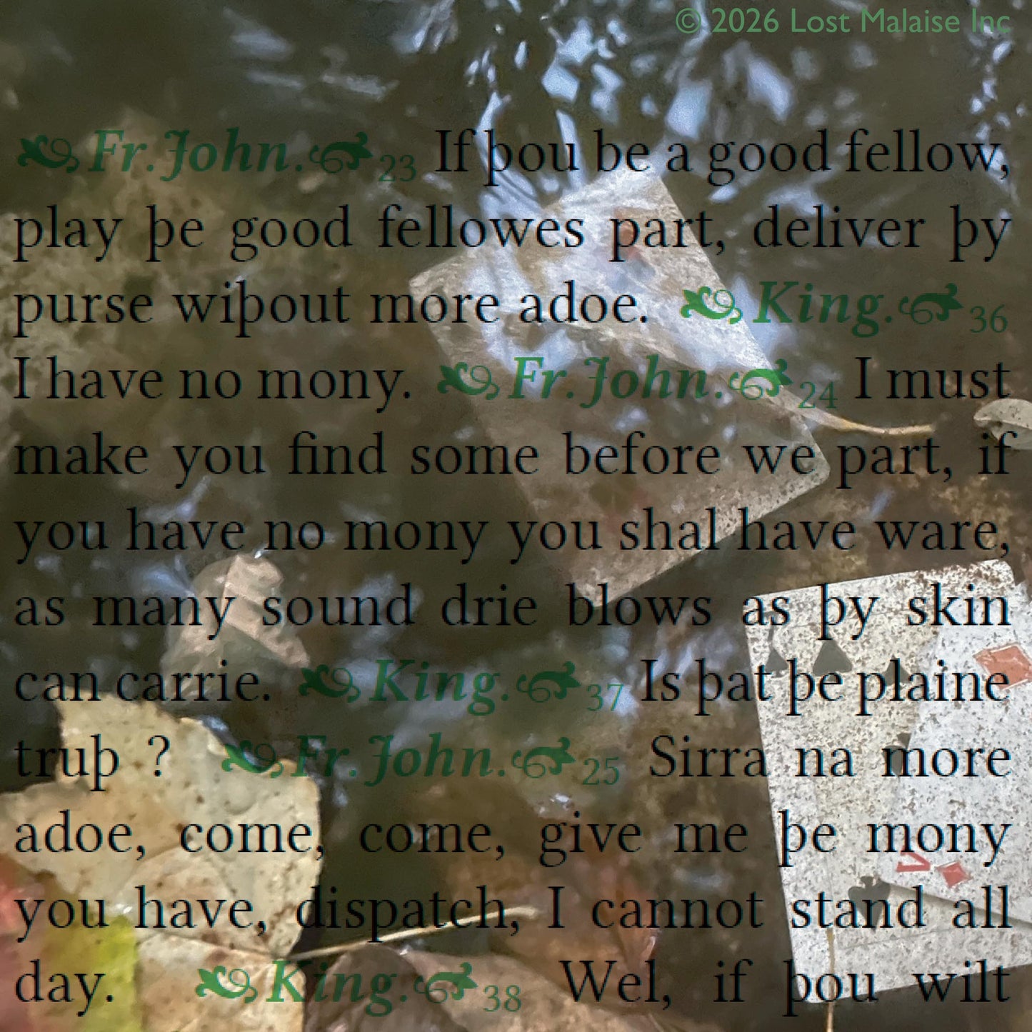 Cover artwork for the apocryphal play Sir John Oldcastle in the Fifth Folio edition featuring layered Shakespearean typography superimposed on Fifth Folio playing cards drifting along a woodland stream.