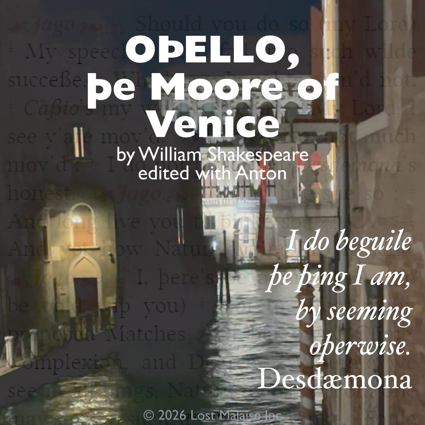 Cover artwork for Othello in the Fifth Folio edition featuring layered folio typography against a night scene taken along the canals of Venice.