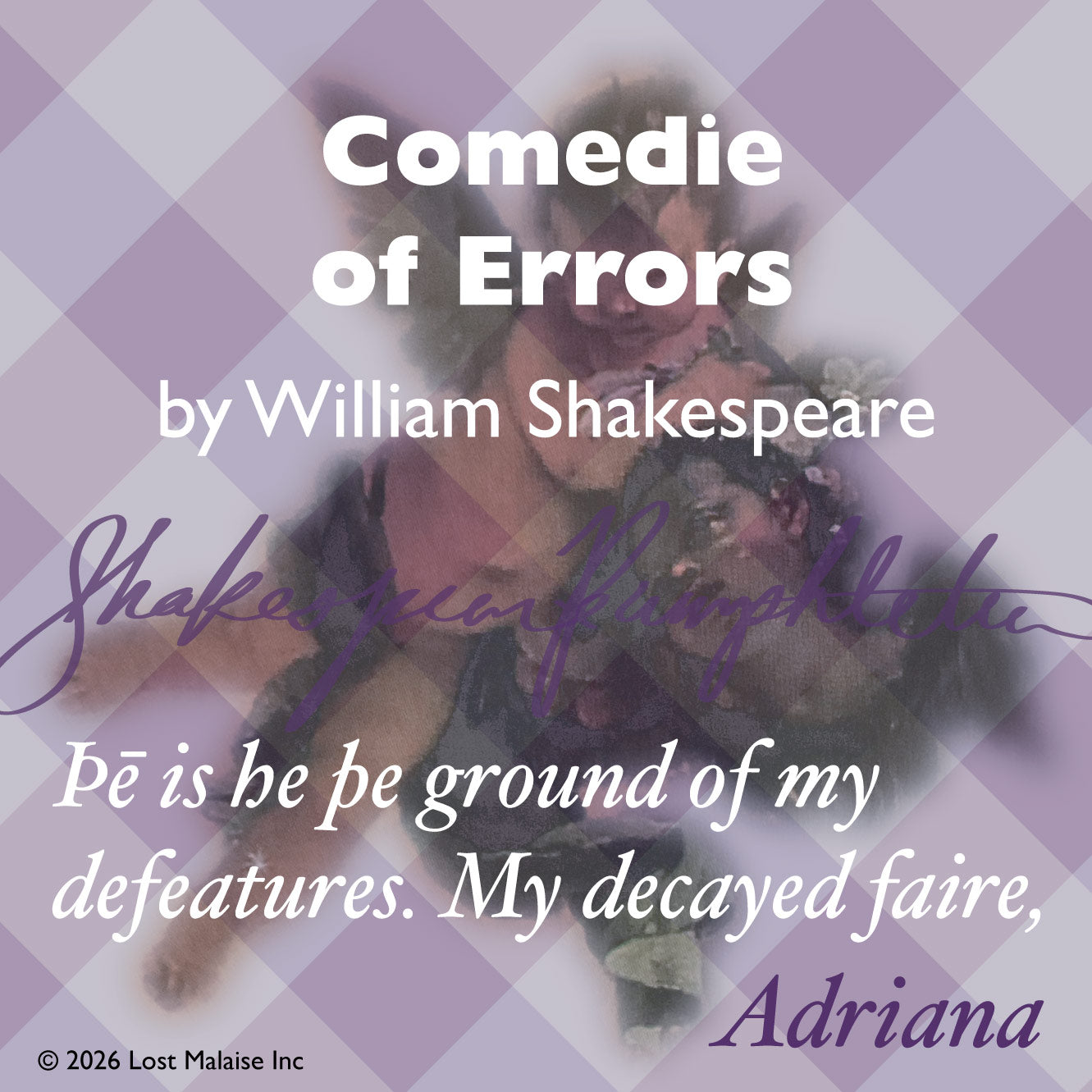 Cover artwork for The Comedy of Errors in the Fifth Folio edition featuring layered folio typography, translucent Renaissance cherubic figures, and a quotation from Adriana set against a muted lavender plaid backdrop.