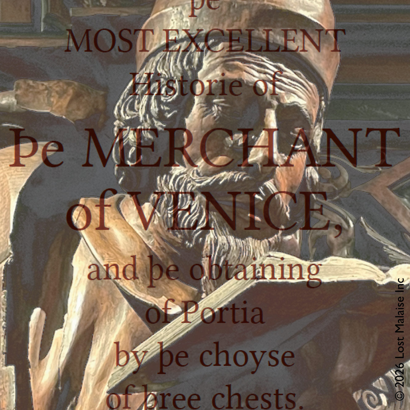 Cover artwork for The Merchant of Venice in the Fifth Folio edition featuring the play’s title typography superimposed on a Venetian wood carving of a man reading.