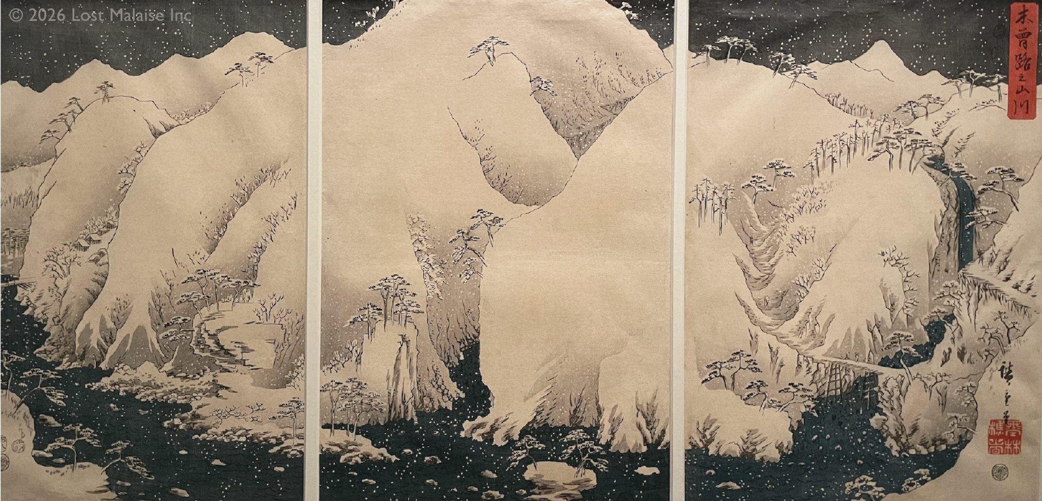 Utagawa Hiroshige woodblock-style triptych showing a snow-covered mountainous landscape with winding rivers, pine trees, and winter terrain rendered in a traditional Japanese ukiyo-e aesthetic.