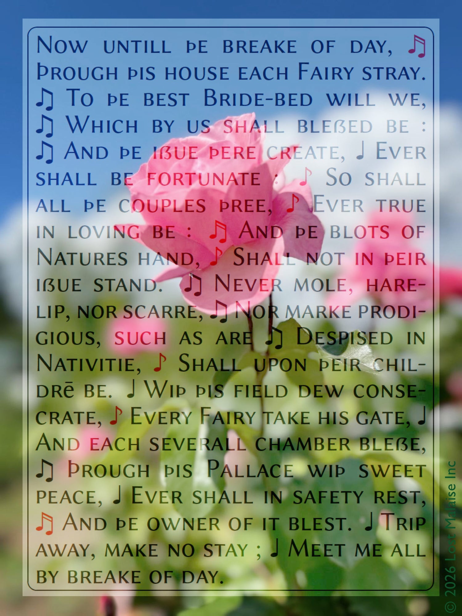 A Midsummer Night’s Dream – fairy scene text overlay set in a flowering garden with pink flowers.