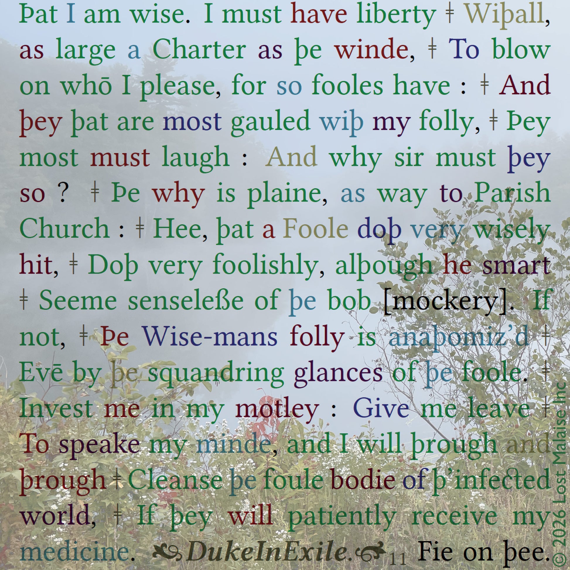 Cover artwork for As You Like It in the Fifth Folio edition featuring layered colored folio typography superimposed against a mist-covered Readfield, Maine pond.