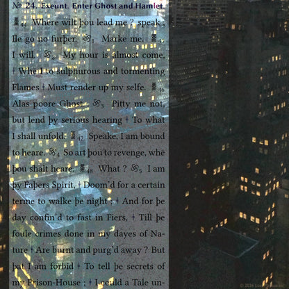 Cover artwork for Hamlet, Prince of Denmarke in the Fifth Folio edition featuring layered folio typography from the Ghost scene superimposed against a nocturnal cityscape of Midtown Manhattan viewed from above.