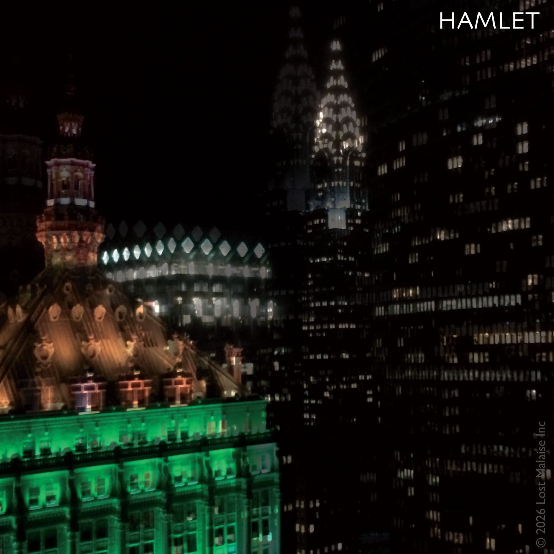 Cover artwork for Hamlet in the Fifth Folio edition featuring the Midtown Manhattan skyline at night.