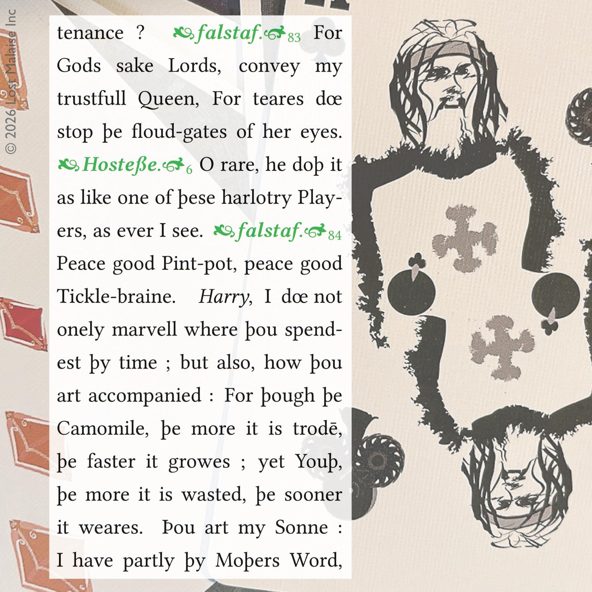 Cover artwork for King Henry IV, Part 1 in the Fifth Folio edition featuring layered folio typography set against a photograph of Fifth Folio playing cards. The excerpt captures Falstaff holding mock court before Prince Hal while impersonating the king.