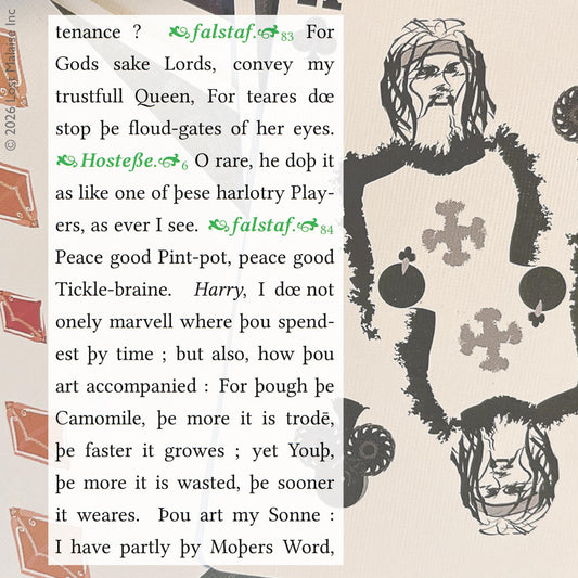 Cover artwork for King Henry IV, Part 1 in the Fifth Folio edition featuring layered folio typography set against a photograph of Fifth Folio playing cards. The excerpt captures Falstaff holding mock court before Prince Hal while impersonating the king.
