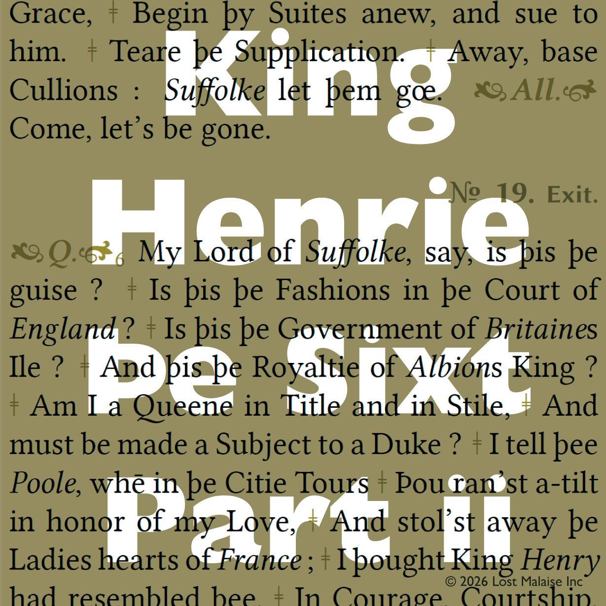 Cover artwork for King Henry VI, Part 2 in the Fifth Folio edition featuring layered folio typography superimposed against passages from the play in muted olive and parchment tones.