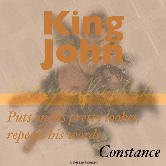 Cover artwork for King John in the Fifth Folio edition featuring Italian architectural arch motifs, cherubic Renaissance figures suspended in clouded light, and a quotation from Constance presented in a theatrical poster style.