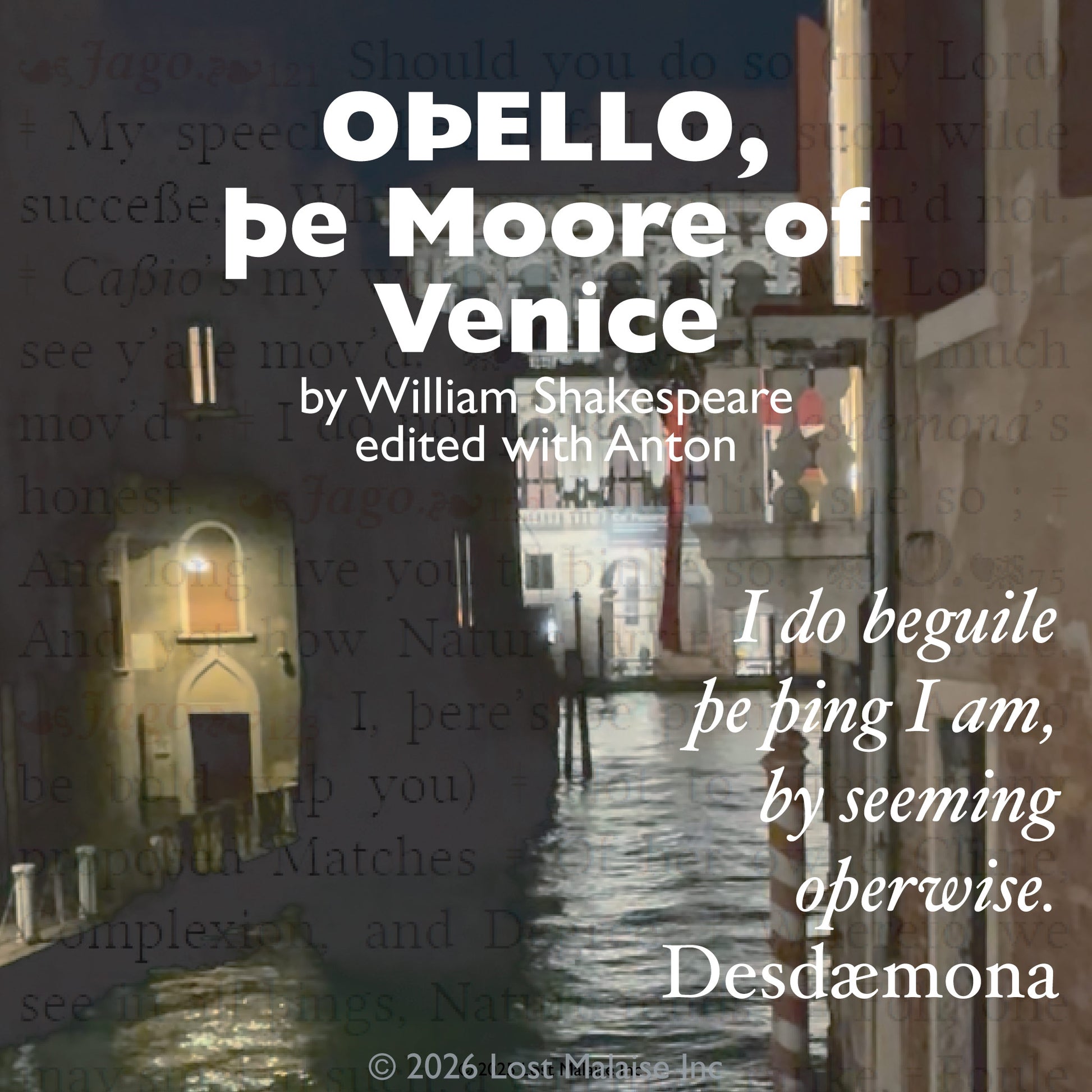 Cover artwork for Othello in the Fifth Folio edition featuring layered folio typography against a night scene taken along the canals of Venice.