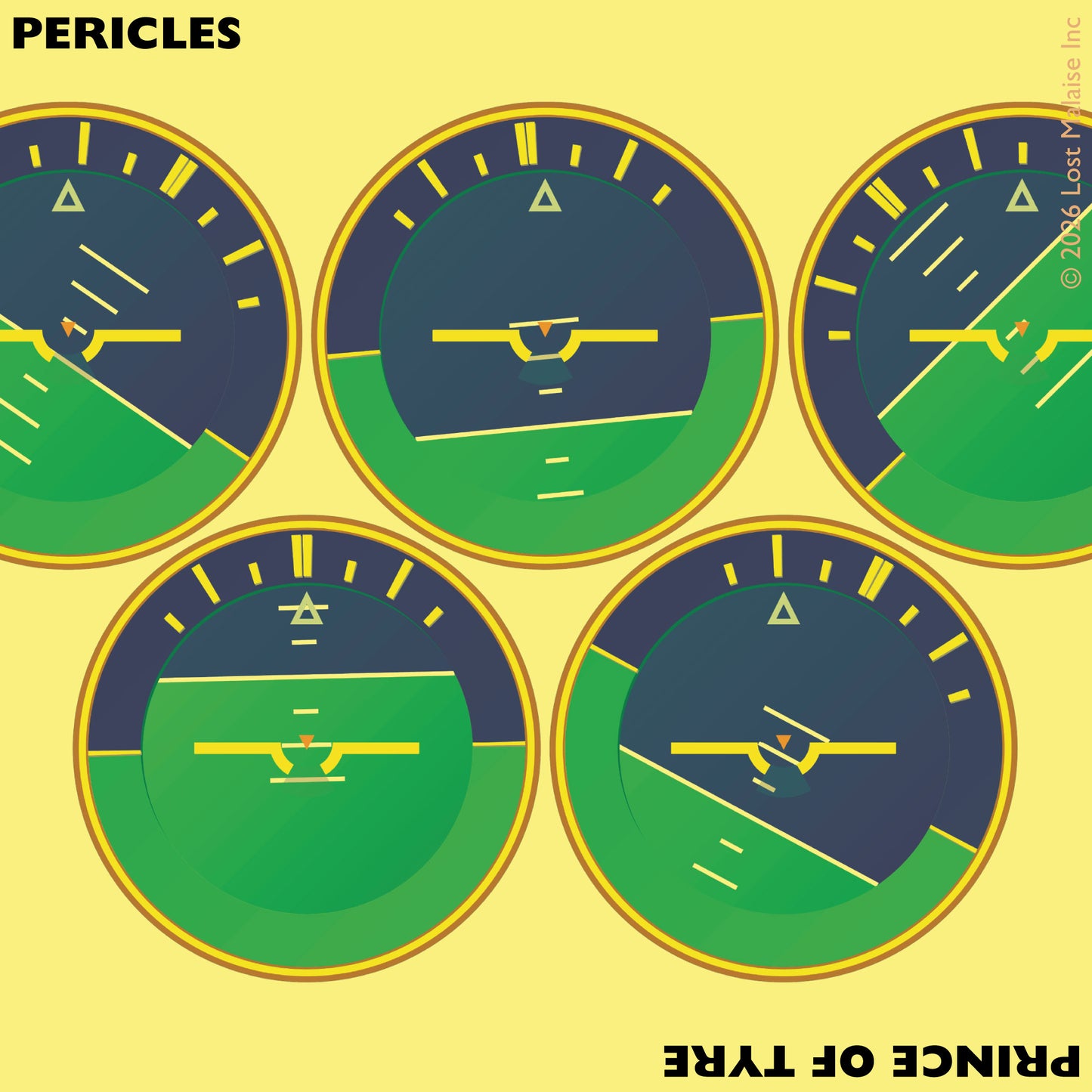 Cover artwork for Pericles in the Fifth Folio edition featuring simulated aeronautical attitude dials generated in Pharo Smalltalk.