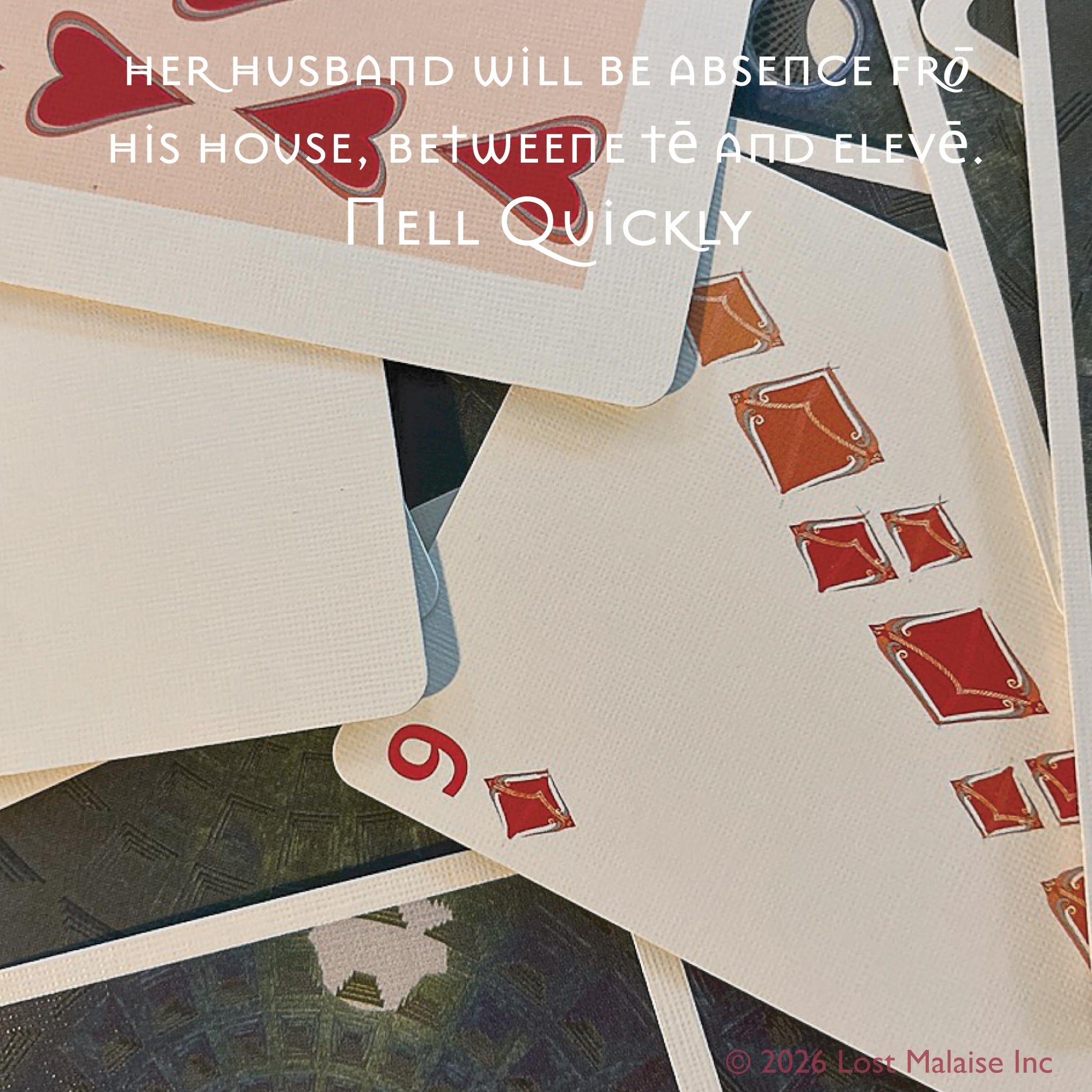 Cover artwork for The Merry Wives of Windsor in the Fifth Folio edition featuring layered Fifth Folio playing cards and ornamental typography alongside a quotation from Nell Quickly.