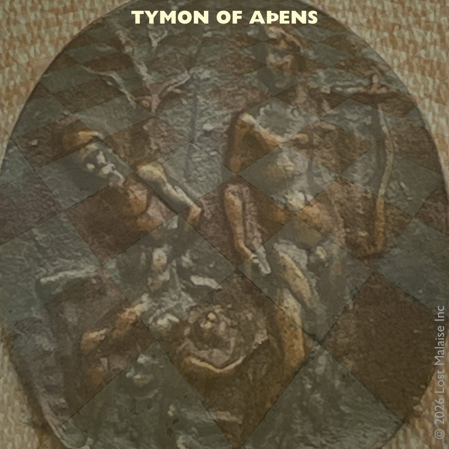 Cover artwork for Timon of Athens in the Fifth Folio edition featuring layered folio typography superimposed against a Greco-Roman medallion depicting two figures in wooded seclusion, suggestive of Timon and Apemantus in philosophical exchange.
