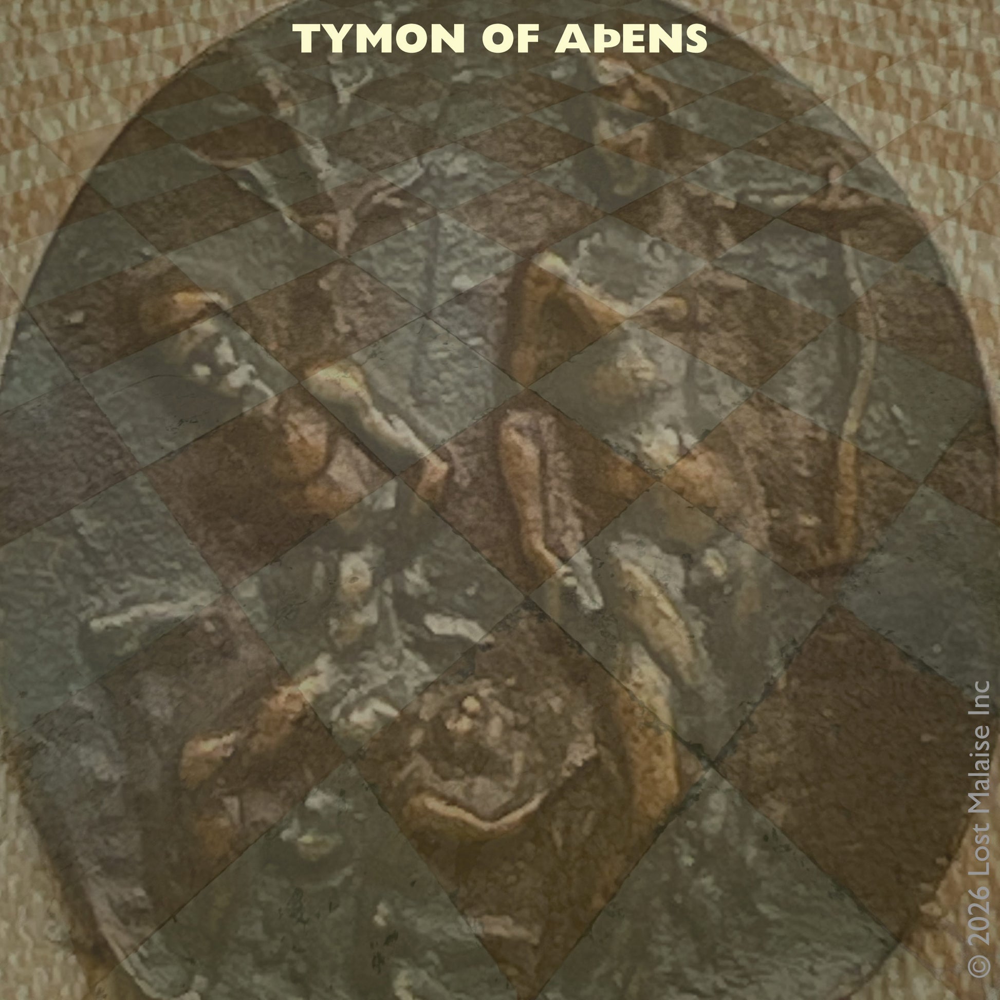 Cover artwork for Timon of Athens in the Fifth Folio edition featuring layered folio typography superimposed against a Greco-Roman medallion depicting two figures in wooded seclusion, suggestive of Timon and Apemantus in philosophical exchange.