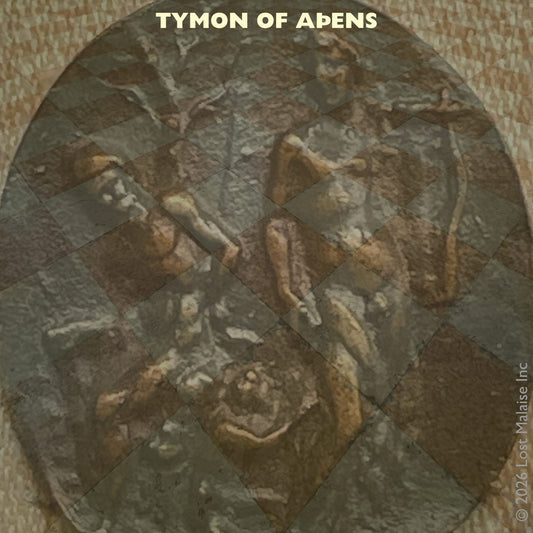Cover artwork for Timon of Athens in the Fifth Folio edition featuring layered folio typography superimposed against a Greco-Roman medallion depicting two figures in wooded seclusion, suggestive of Timon and Apemantus in philosophical exchange.