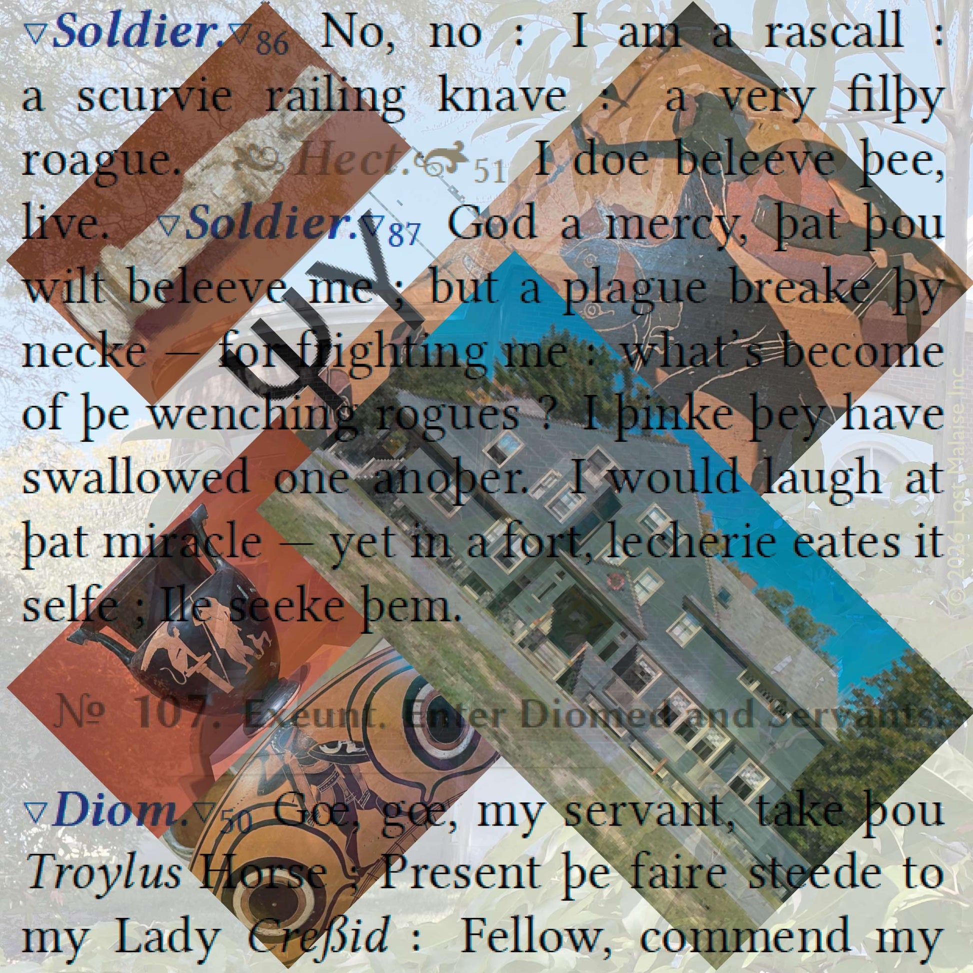 Cover artwork for Troilus and Cressida in the Fifth Folio edition featuring a collage of "Greek" imagery from the Bowdoin College's Walker Art and fraternity row.