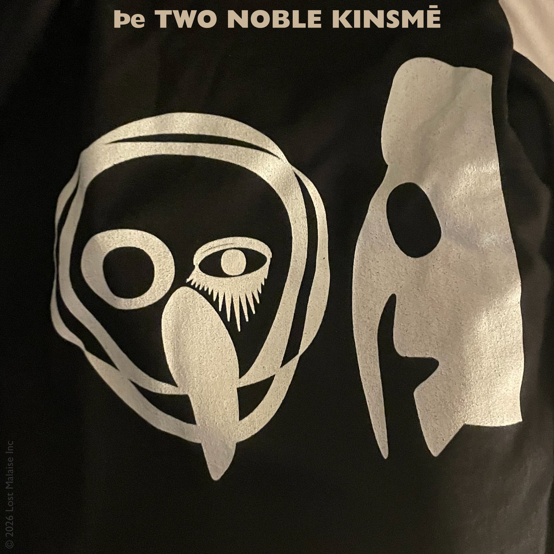 Cover artwork for The Two Noble Kinsmen in the Fifth Folio edition featuring stark white abstract figures and mask-like forms rendered in a minimalist theatrical style on a baseball tee shirt.